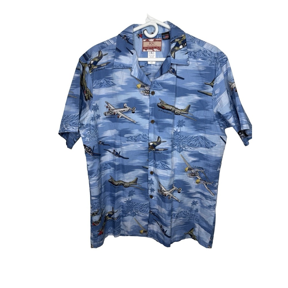 RJC Hawaii WWII Fighter Planes Hawaiian Shirt Mens L Aviation Pearl Harbor USA